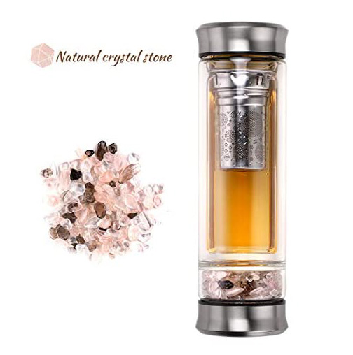 Phoenix Crystal Water bottle, a Loose Leaf Tea Infuser Bottle, double wall  glass for hot and cold drinks. Large Rose Quartz Crystal and Amethyst