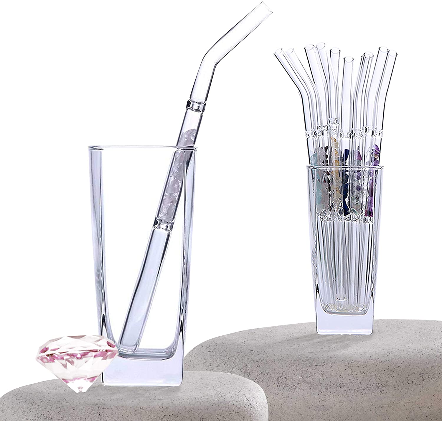 Natural Glass Drinking Straws With Crystal Quartz Chips Stones